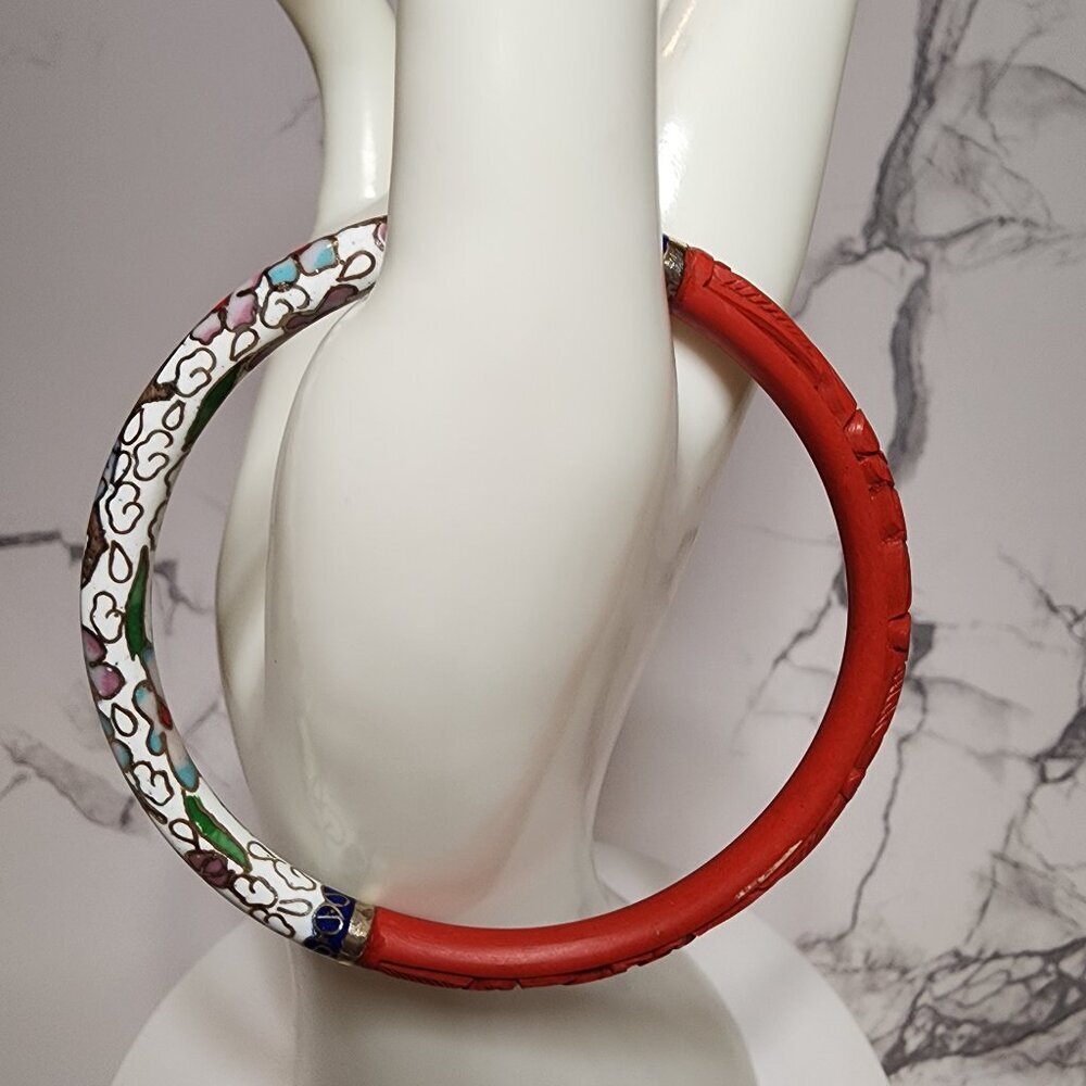 Vintage Floral Cloisonne and Cinnabar Carved Bracelet